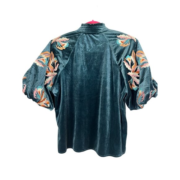 Boho Velvet Floral Top S Blue Bold Embroidery Classic Modern Chic Artsy Luxury - Picture 11 of 12